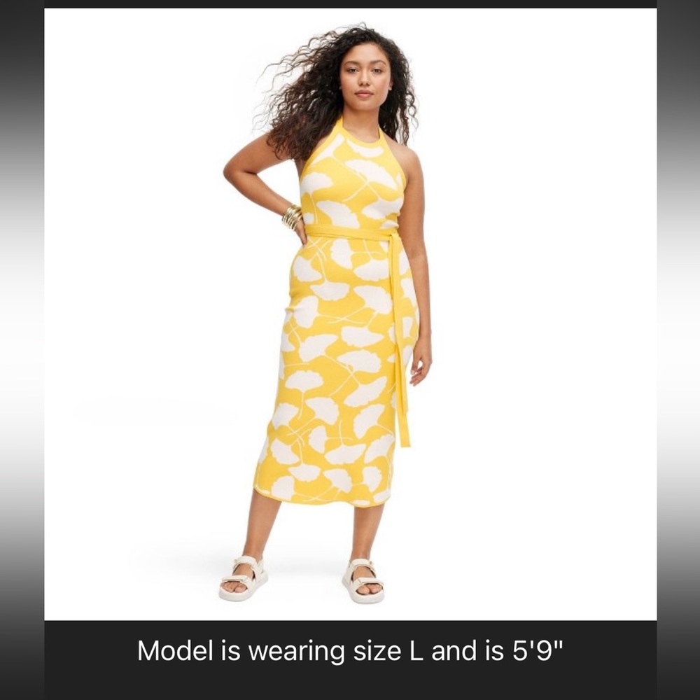 Women's Halter Tie Neck Ginkgo Yellow Sweaterknit Midi Dress - DVF for Target
M